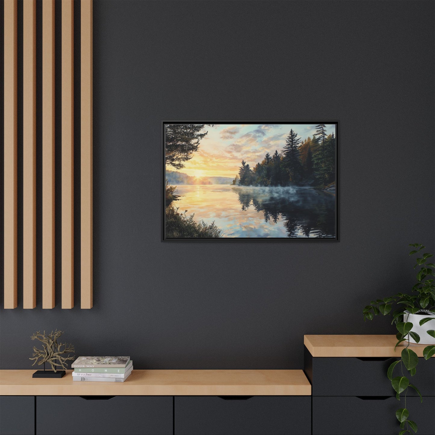 Sunrise Lake Framed Canvas Print — Forest Reflection Wall Art