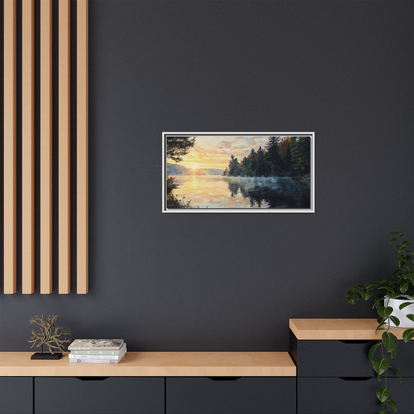 Sunrise Lake Framed Canvas Print — Forest Reflection Wall Art