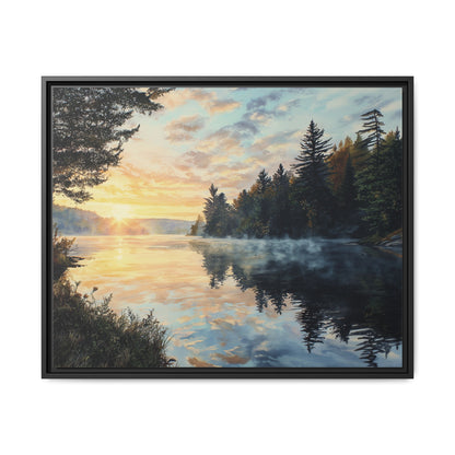 Sunrise Lake Framed Canvas Print — Forest Reflection Wall Art