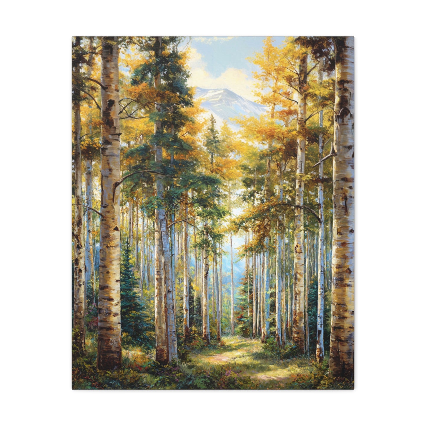 Aspen Forest Path Vertical Canvas Print — Serene Woodland Wall Art