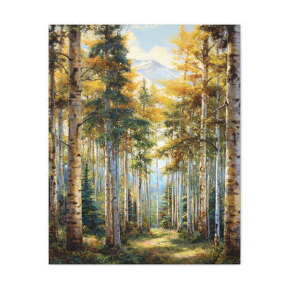 Aspen Forest Path Vertical Canvas Print — Serene Woodland Wall Art