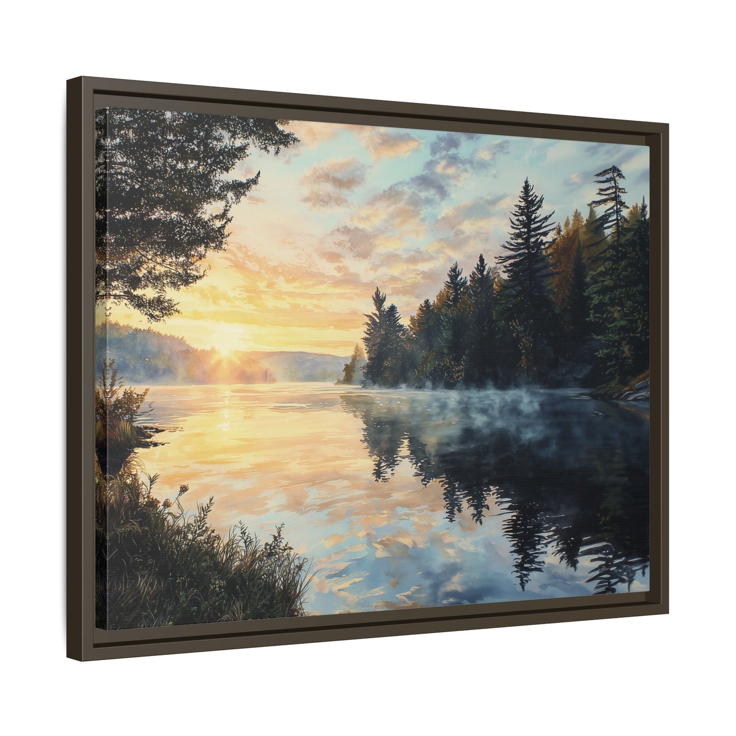 Sunrise Lake Framed Canvas Print — Forest Reflection Wall Art