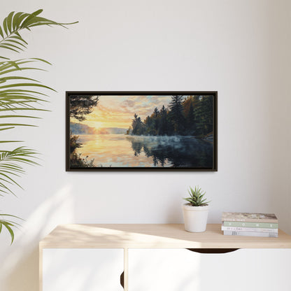 Sunrise Lake Framed Canvas Print — Forest Reflection Wall Art