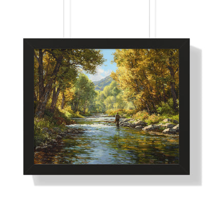 River Fly Fishing Art Print for Cabin & Living Room - Framed Landscape Print