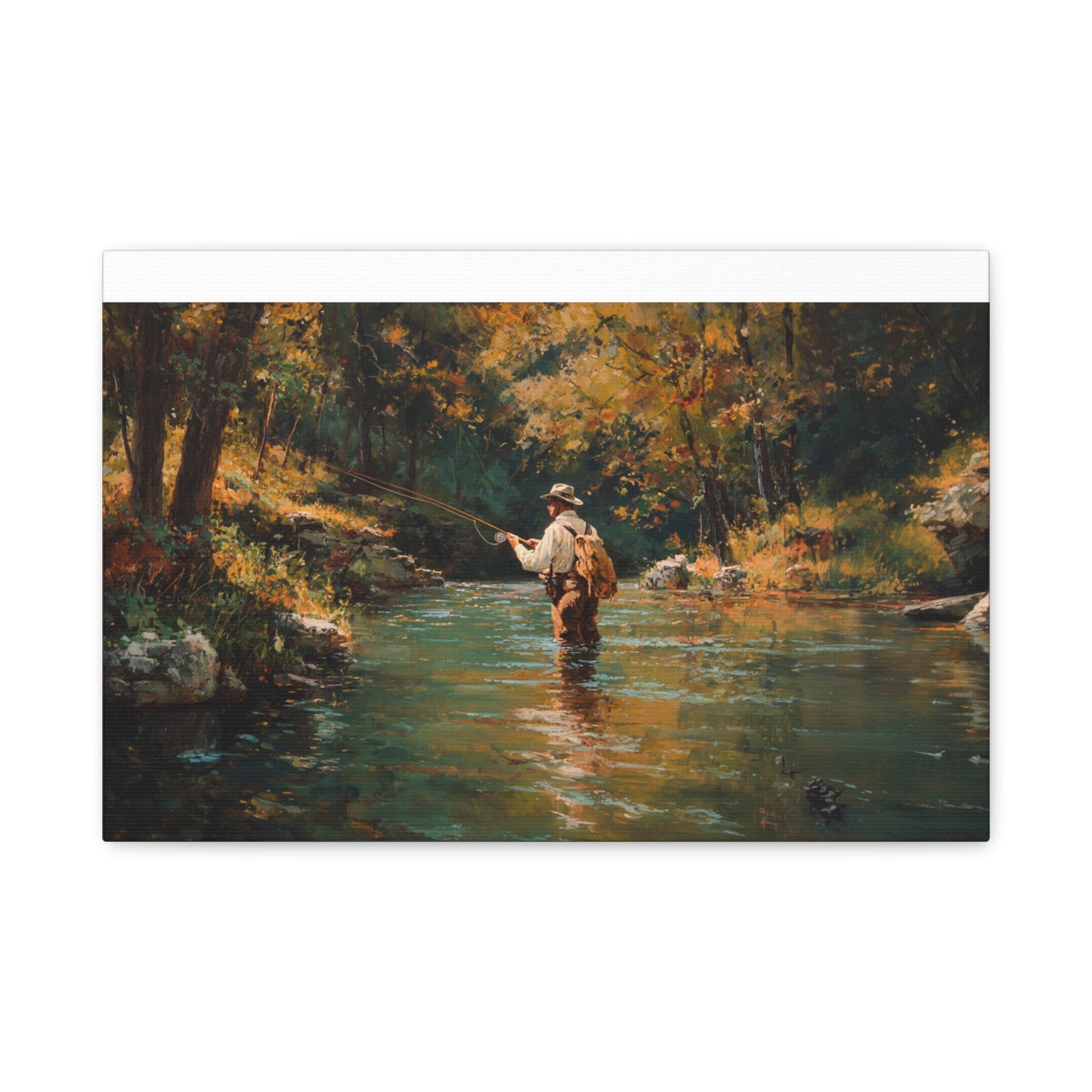Vintage Fly Fisherman River Scene Matte Stretched Canvas (1.25")