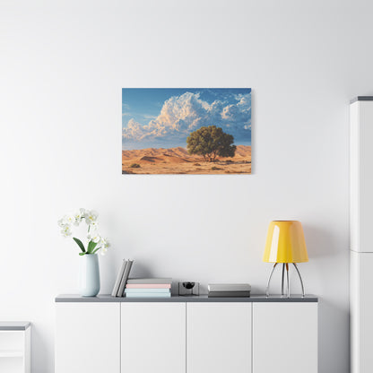 Desert Solitude Canvas Print — Lone Tree in Golden Dunes Matte Stretched Wall Art