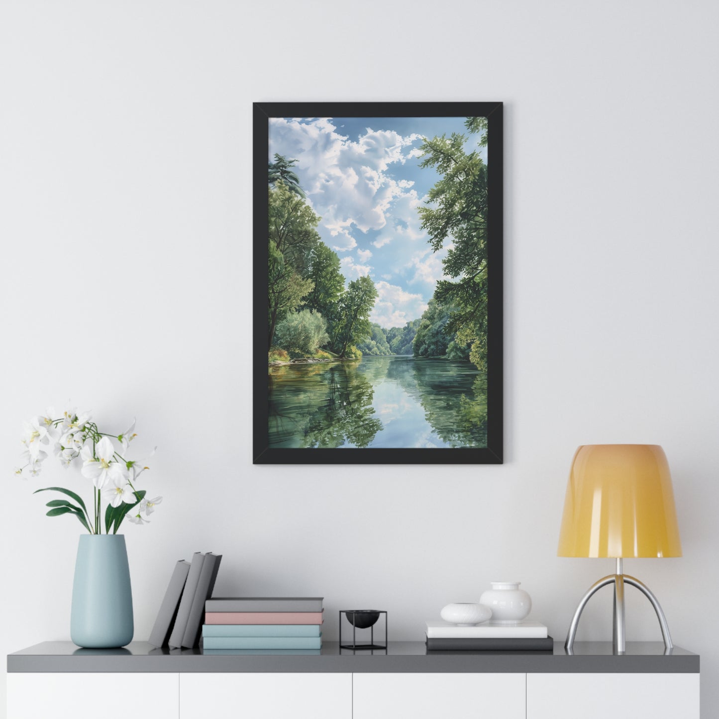 Serene River Landscape Wall - Framed Vertical Print