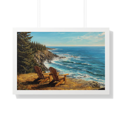 Coastal Clifftop Adirondack Chairs Framed Print — Beach Landscape Wall Art