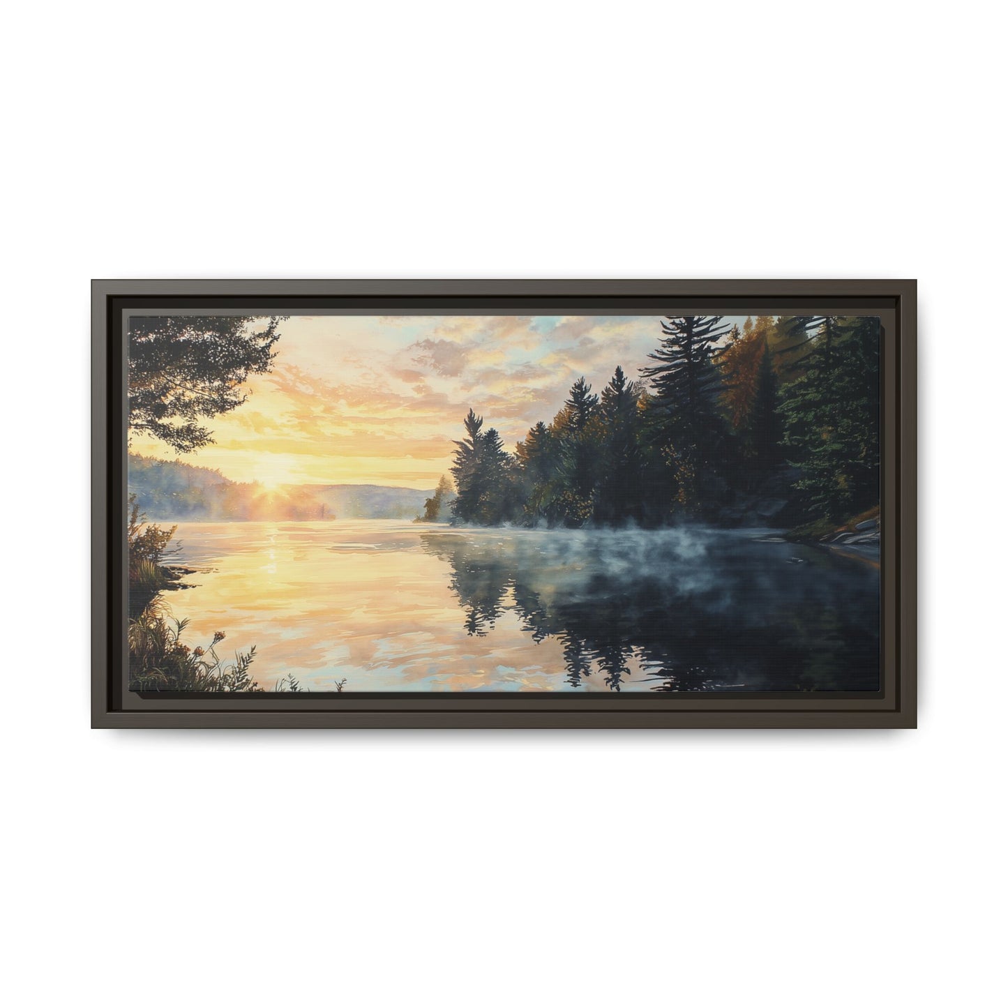 Sunrise Lake Framed Canvas Print — Forest Reflection Wall Art
