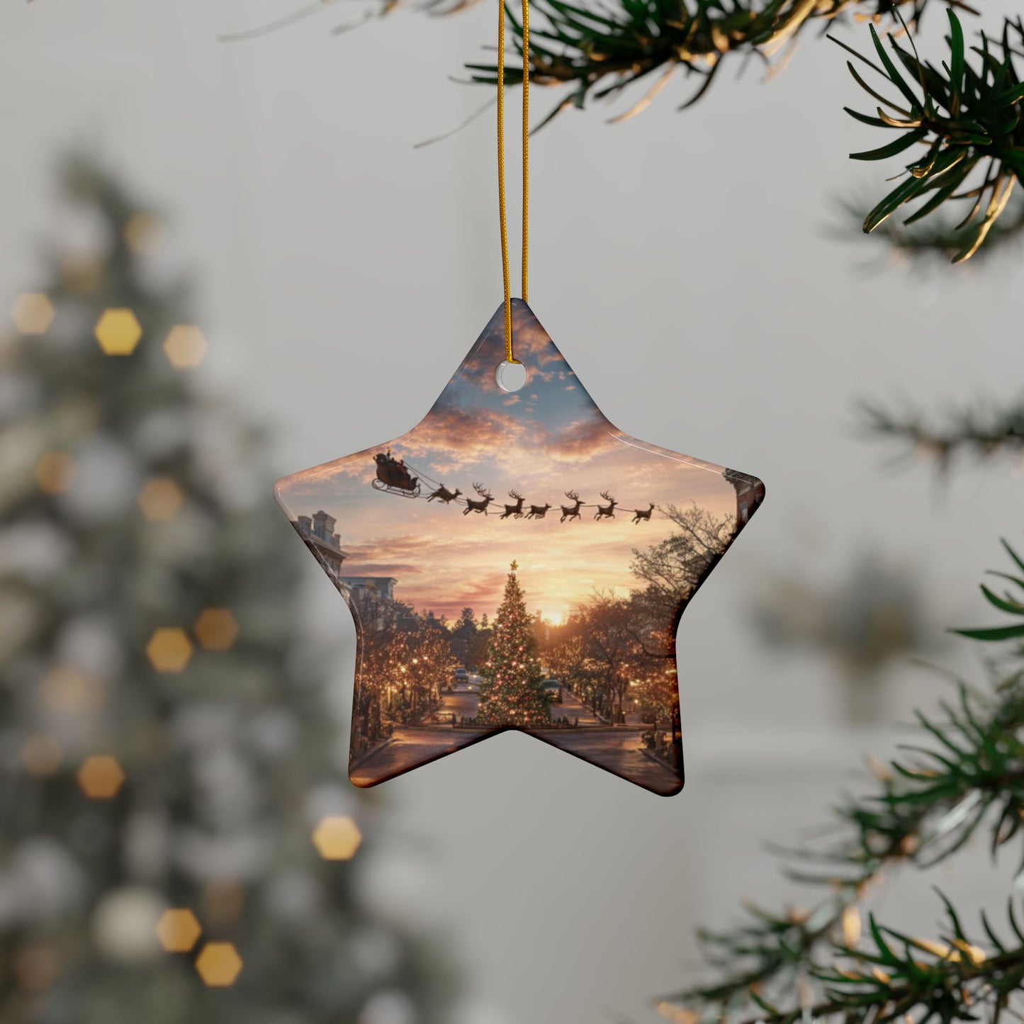 Christmas Street Scene Ceramic Ornament — Santa Sleigh 2-Sided Holiday Decoration