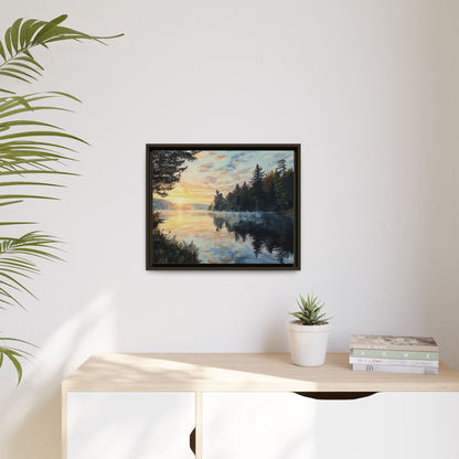 Sunrise Lake Framed Canvas Print — Forest Reflection Wall Art