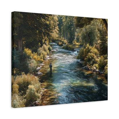 River Fishing Canvas Wall Art — Serene Forest Stream Matte Stretched Print