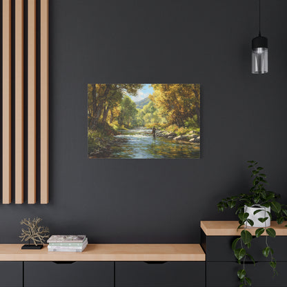 Autumn River Fly Fishing Matte Stretched Canvas