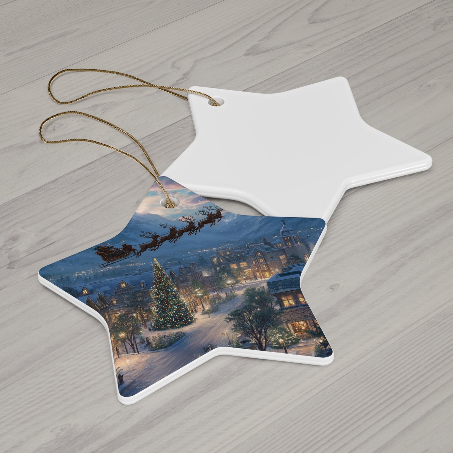 Star Ceramic Ornament – Santa Over Snowy Village Christmas Tree Holiday Decoration