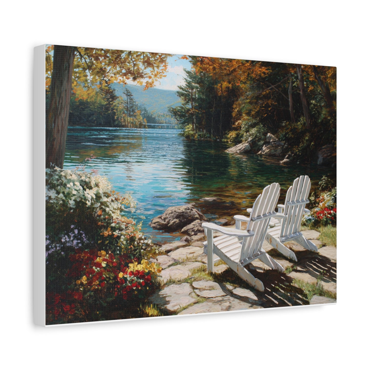 Canvas Print - Lakeside Adirondack Chairs Scenic Wall Art (Matte Stretched)