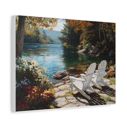 Canvas Print - Lakeside Adirondack Chairs Scenic Wall Art (Matte Stretched)