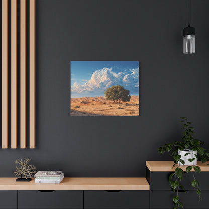 Desert Solitude Canvas Print — Lone Tree in Golden Dunes Matte Stretched Wall Art