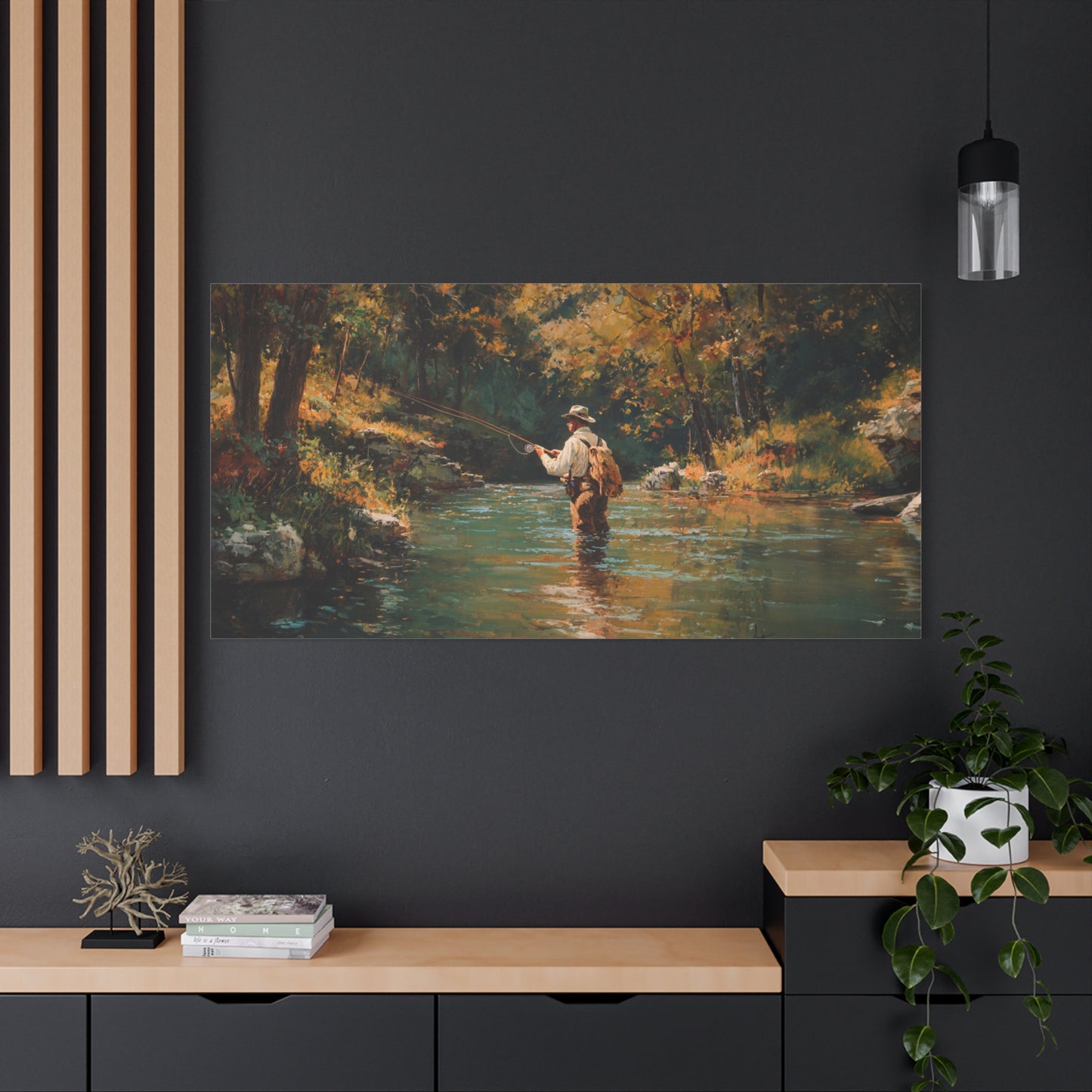 Vintage Fly Fisherman River Scene Matte Stretched Canvas (1.25")
