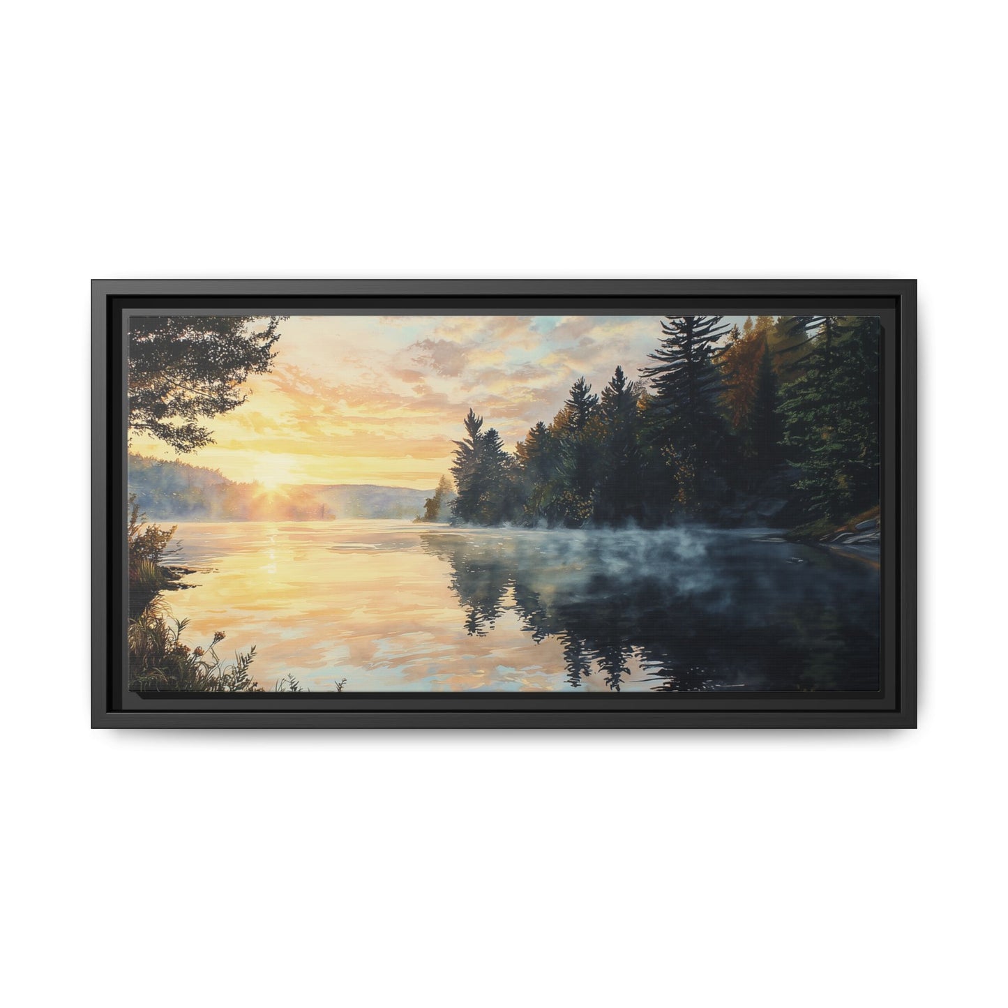 Sunrise Lake Framed Canvas Print — Forest Reflection Wall Art