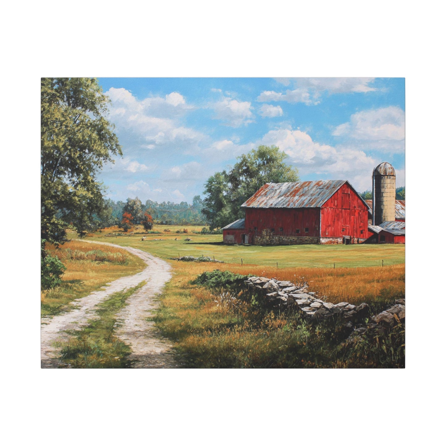 Country Farmhouse Canvas Wall Art — Red Barn Road Landscape Matte Stretched Print