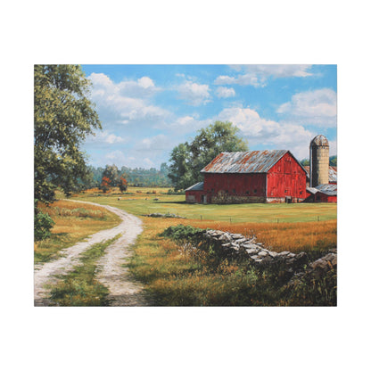 Country Farmhouse Canvas Wall Art — Red Barn Road Landscape Matte Stretched Print