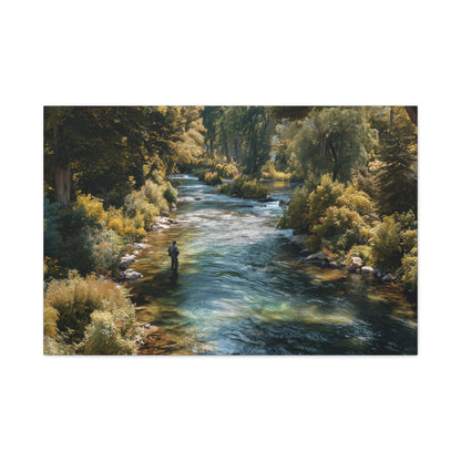 River Fishing Canvas Wall Art — Serene Forest Stream Matte Stretched Print