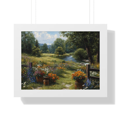 Serene Country Meadow Landscape Print - Framed Print