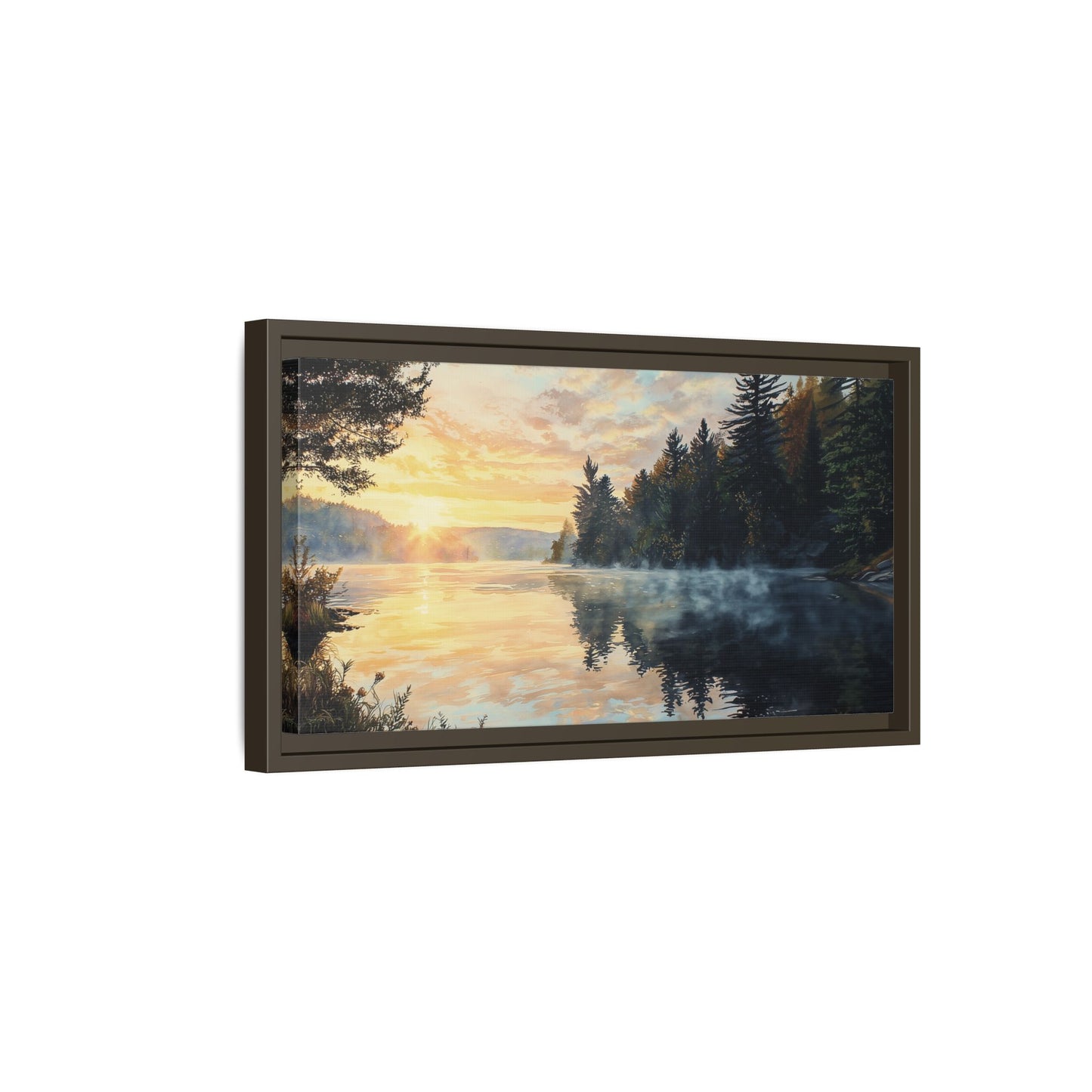 Sunrise Lake Framed Canvas Print — Forest Reflection Wall Art