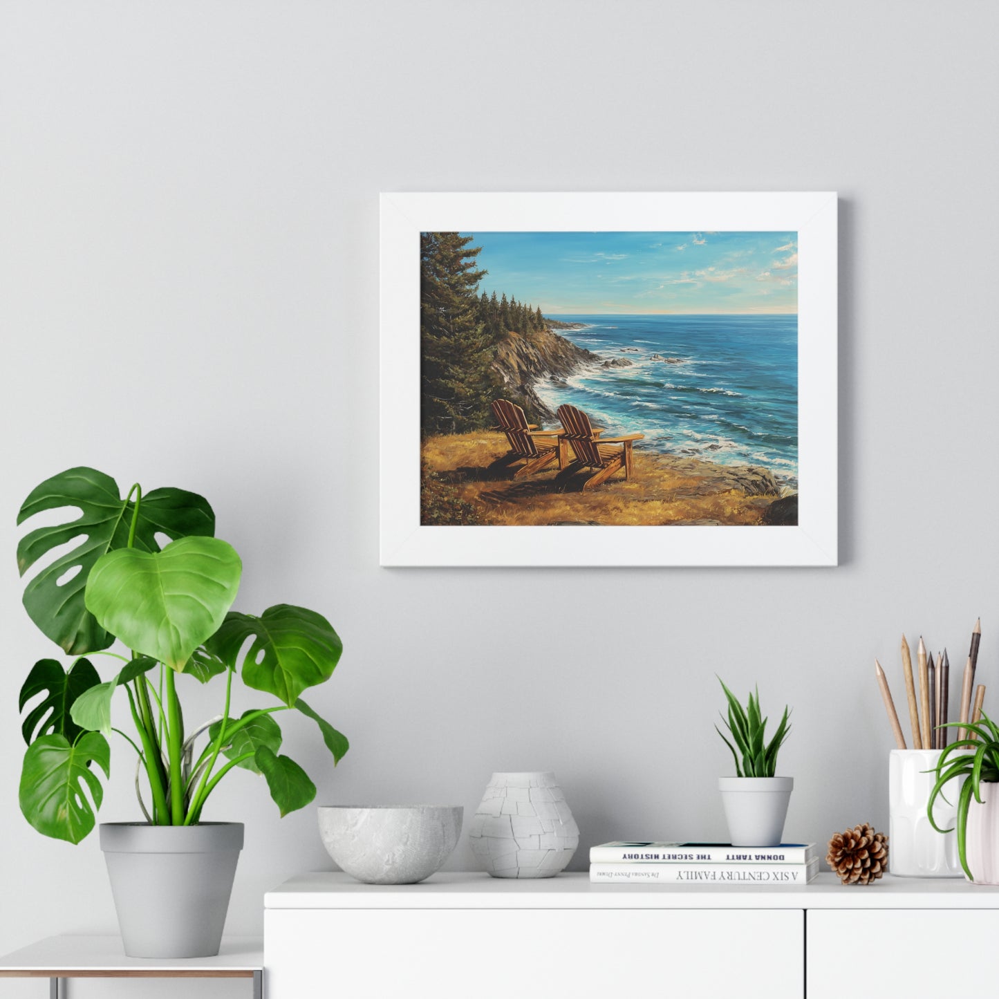 Coastal Clifftop Adirondack Chairs Framed Print — Beach Landscape Wall Art