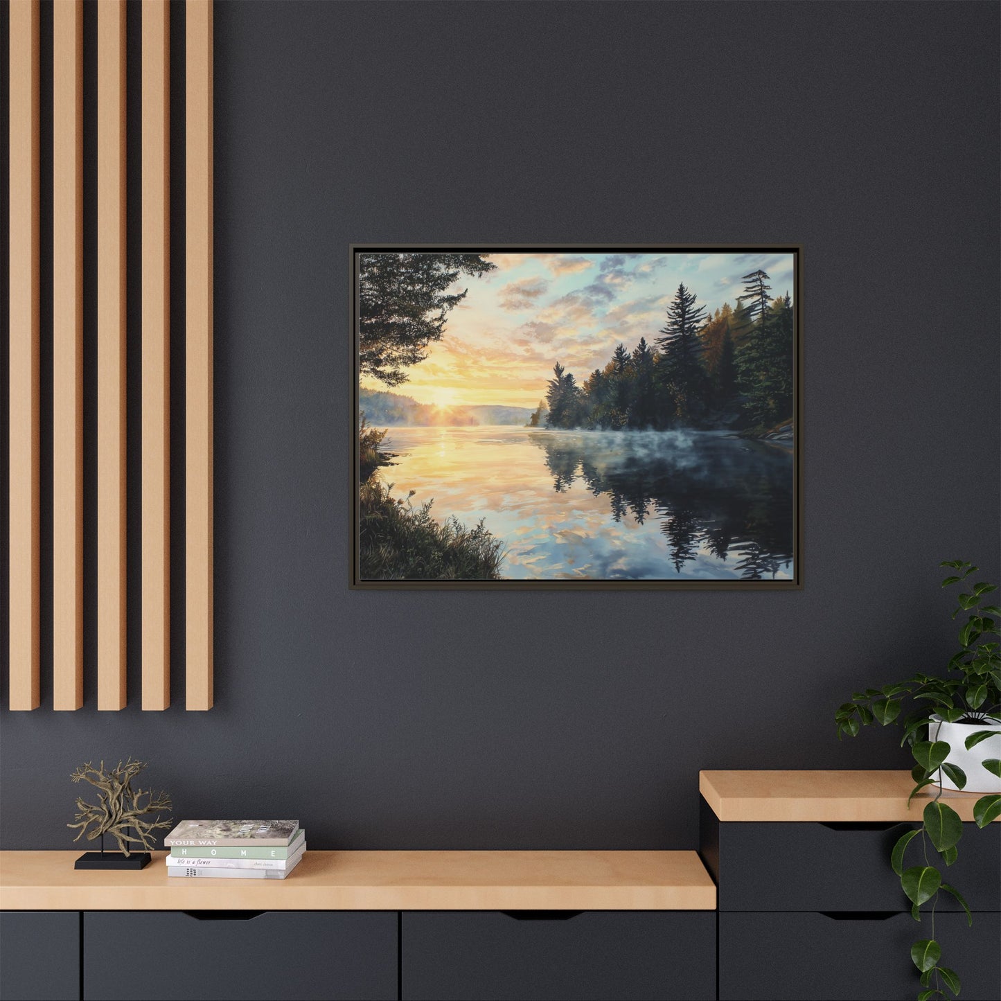 Sunrise Lake Framed Canvas Print — Forest Reflection Wall Art