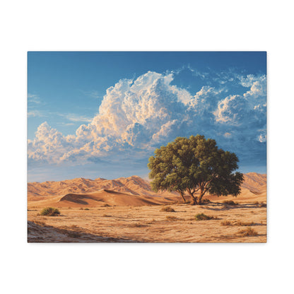 Desert Solitude Canvas Print — Lone Tree in Golden Dunes Matte Stretched Wall Art
