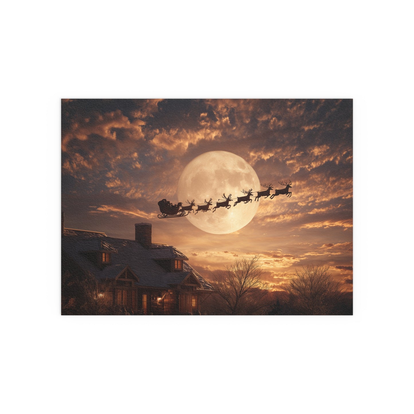 Santa’s Sleigh Over Full Moon Silk Paper Print — Indoor & Outdoor Holiday Wall Art