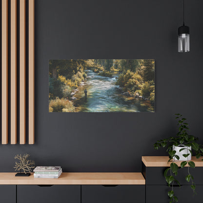 River Fishing Canvas Wall Art — Serene Forest Stream Matte Stretched Print