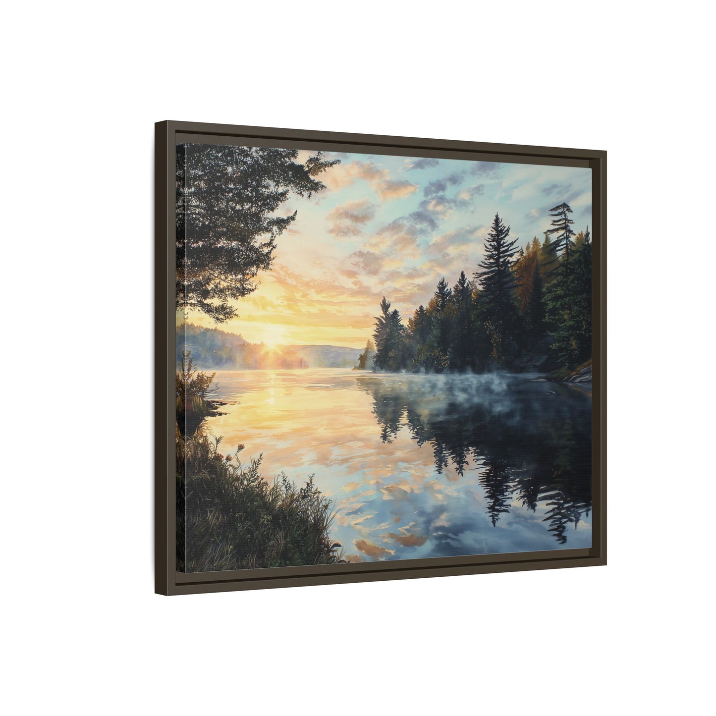 Sunrise Lake Framed Canvas Print — Forest Reflection Wall Art