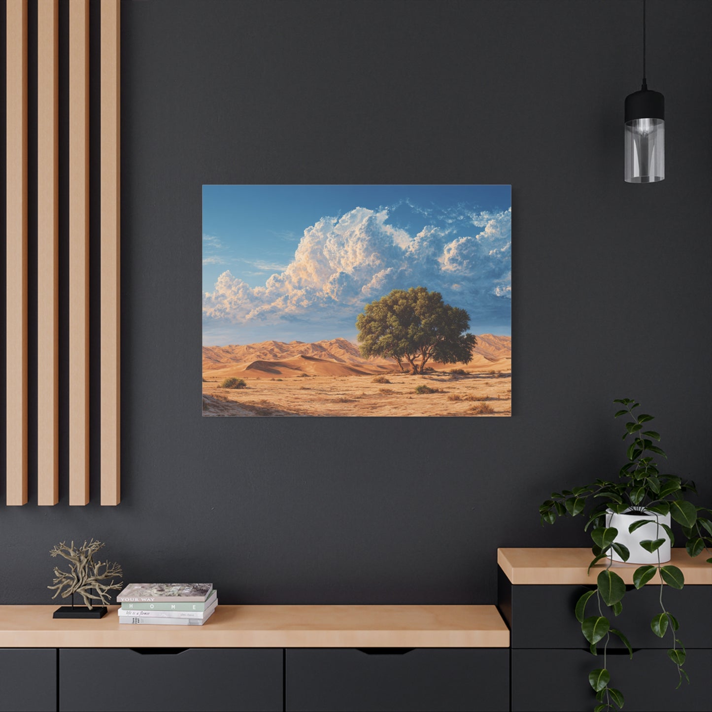 Desert Solitude Canvas Print — Lone Tree in Golden Dunes Matte Stretched Wall Art