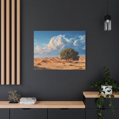 Desert Solitude Canvas Print — Lone Tree in Golden Dunes Matte Stretched Wall Art