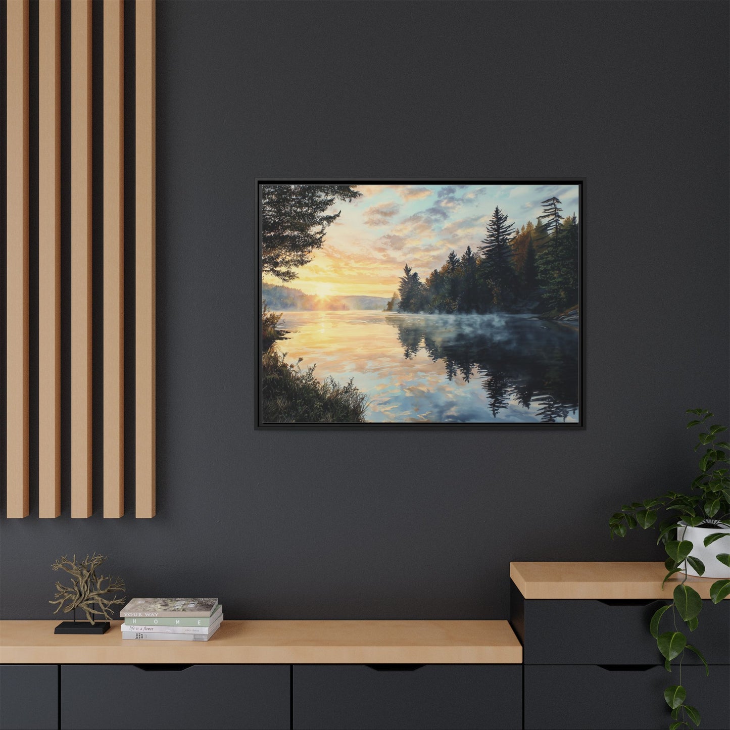 Sunrise Lake Framed Canvas Print — Forest Reflection Wall Art