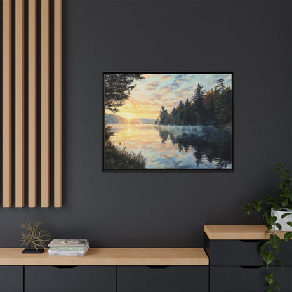 Sunrise Lake Framed Canvas Print — Forest Reflection Wall Art