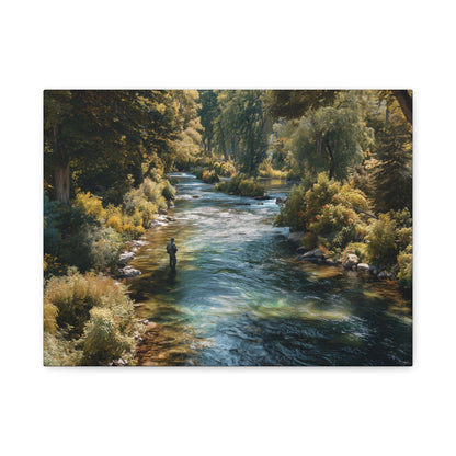River Fishing Canvas Wall Art — Serene Forest Stream Matte Stretched Print
