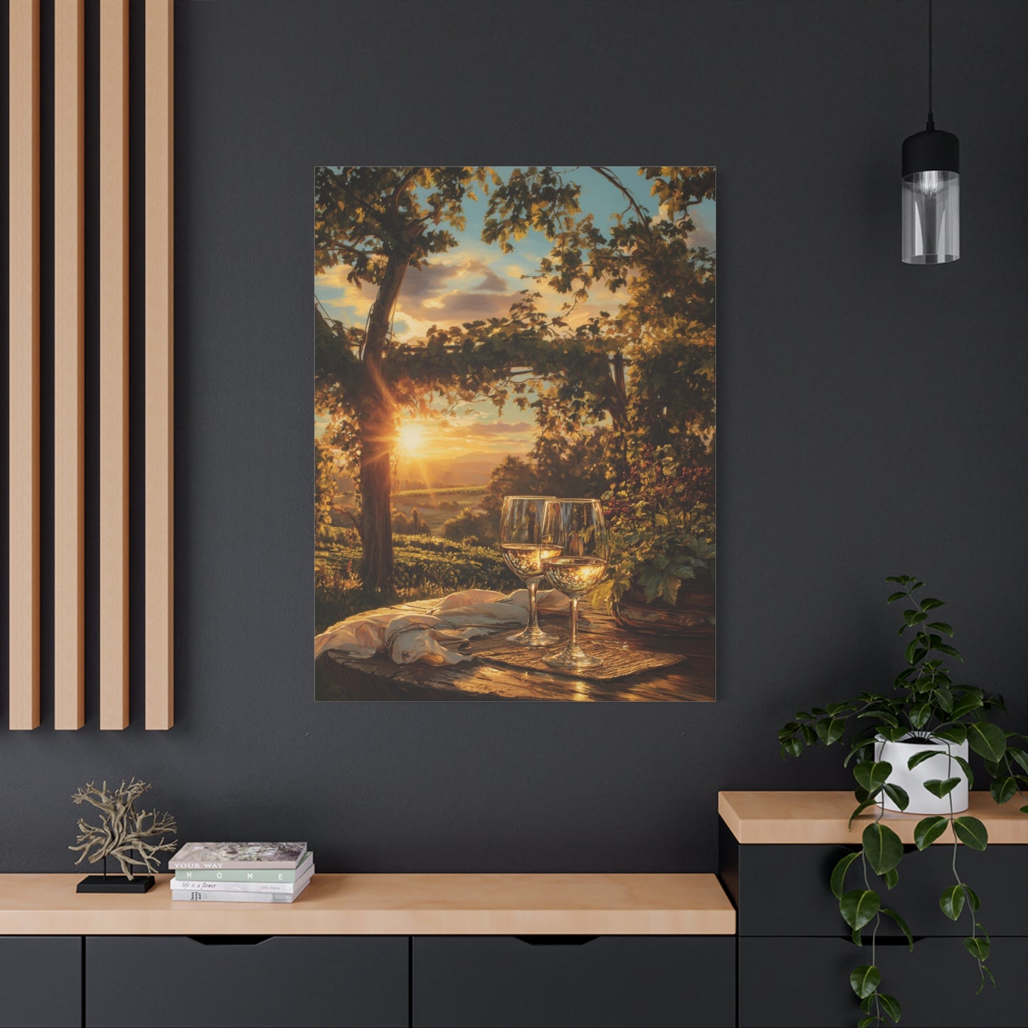 Sunset Vineyard Canvas Wall Art – Wineglass Landscape Matte Stretched Print