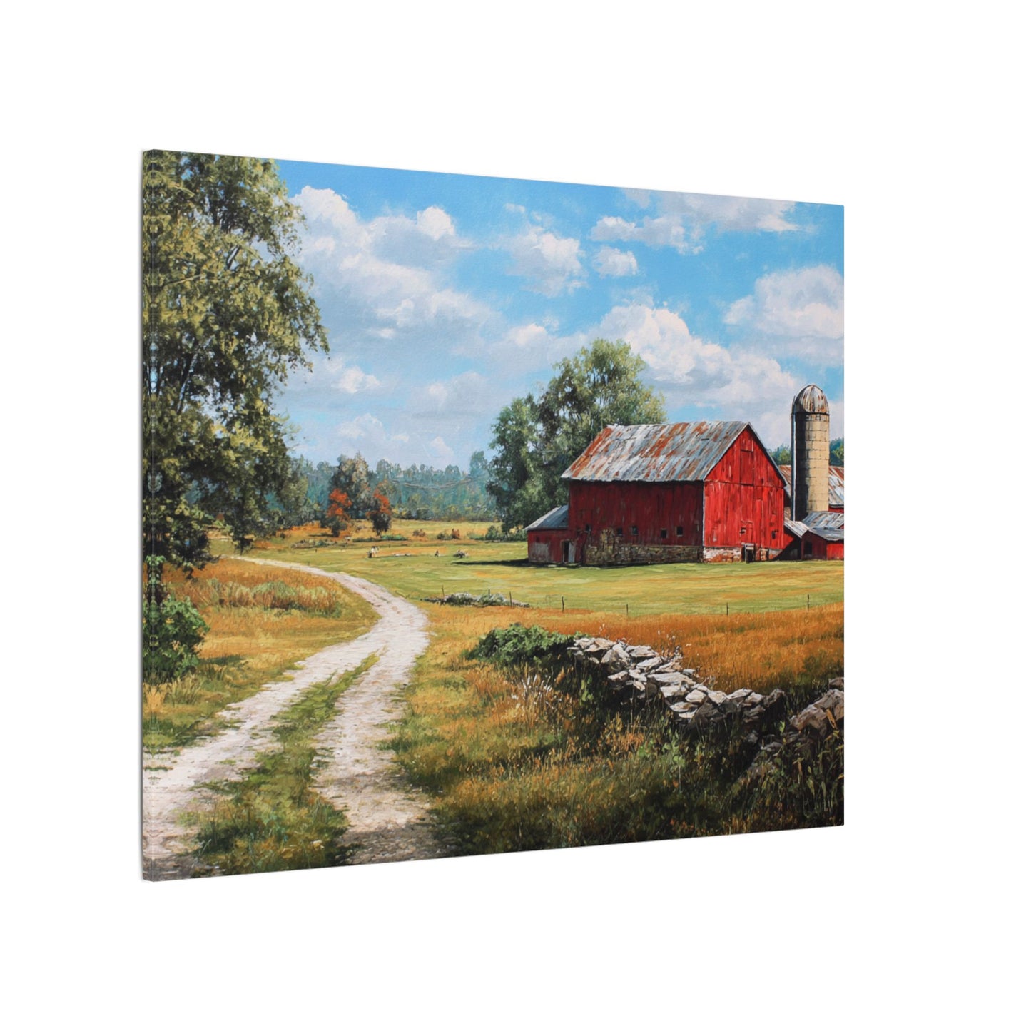 Country Farmhouse Canvas Wall Art — Red Barn Road Landscape Matte Stretched Print