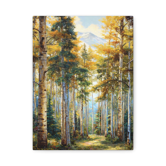 Aspen Forest Path Vertical Canvas Print — Serene Woodland Wall Art