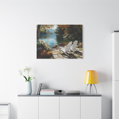 Canvas Print - Lakeside Adirondack Chairs Scenic Wall Art (Matte Stretched)