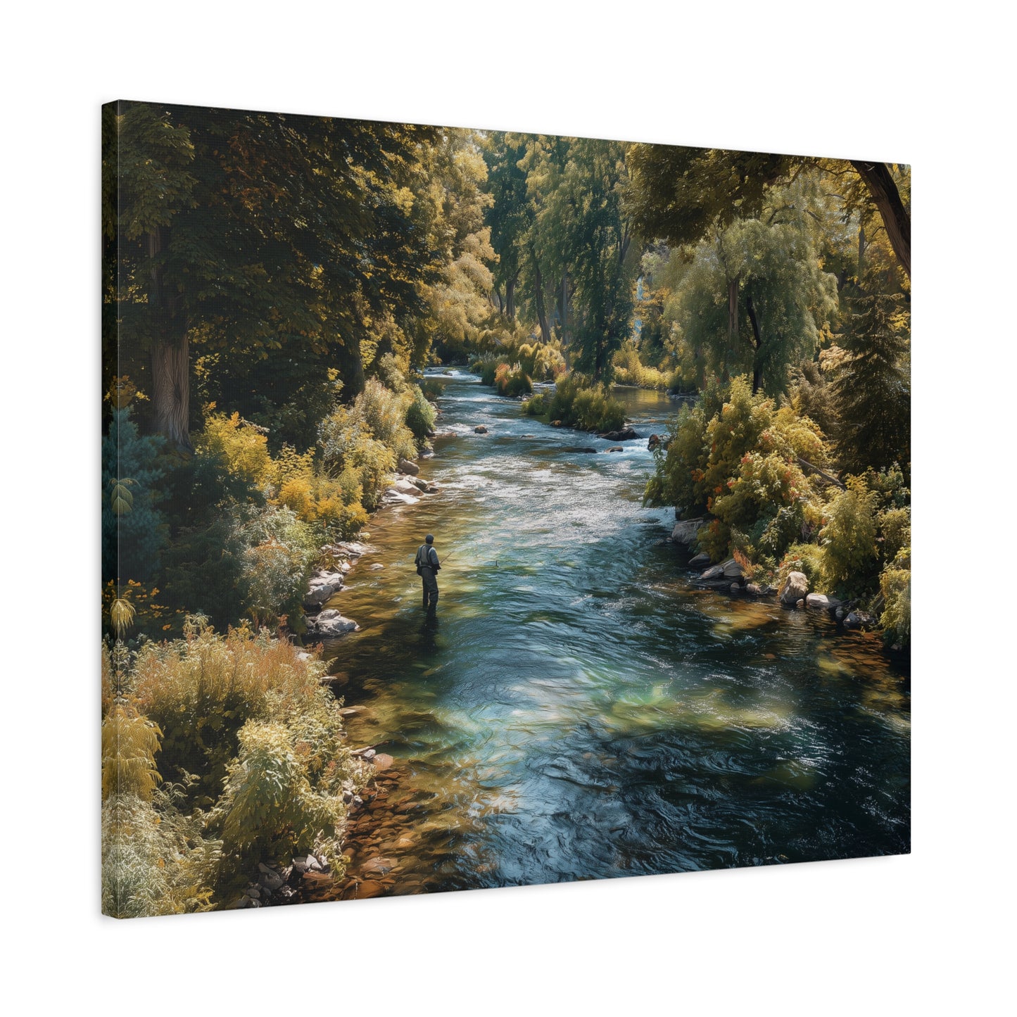 River Fishing Canvas Wall Art — Serene Forest Stream Matte Stretched Print