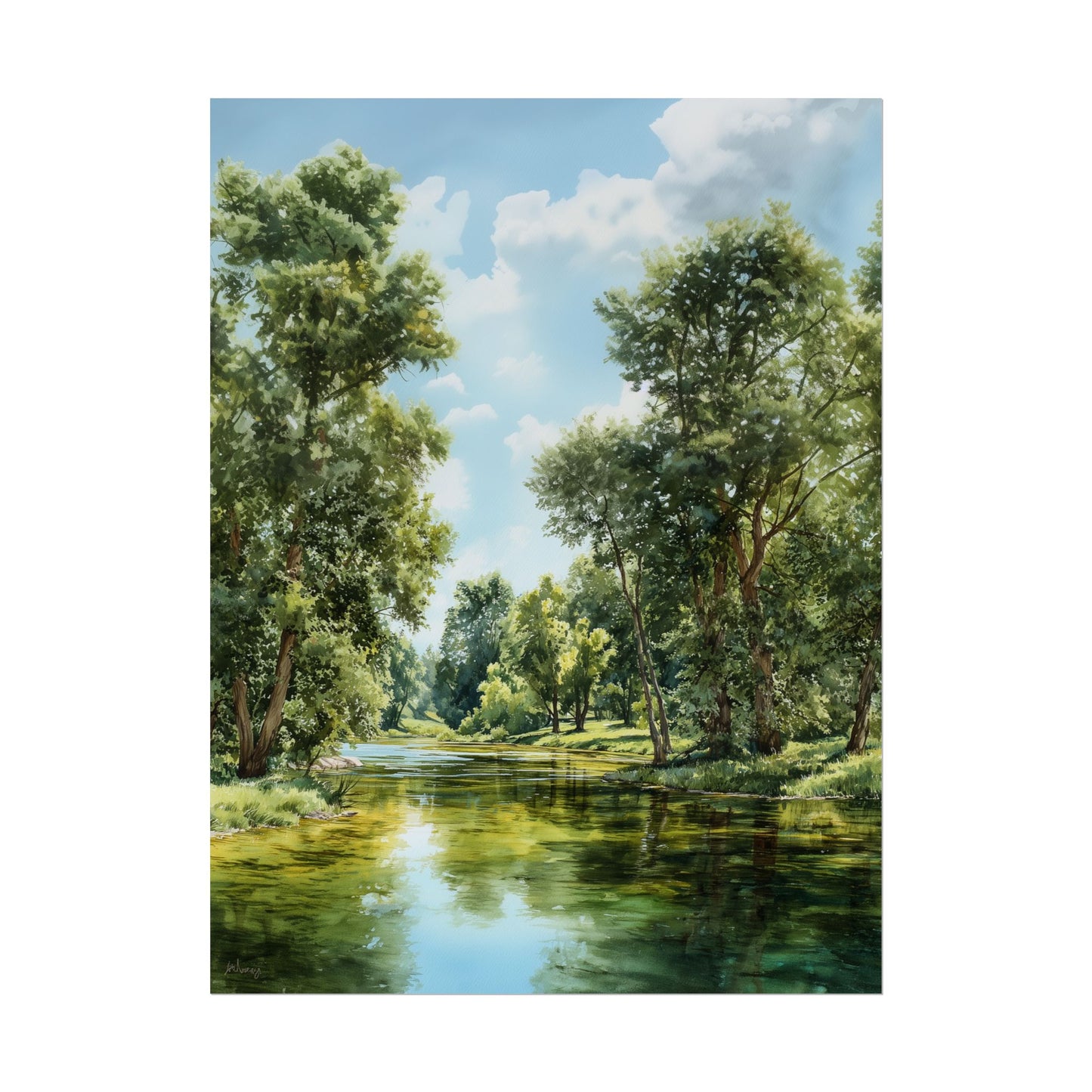 Forest River Landscape Print — Serene Nature Wall Art, Tranquil Greenery
