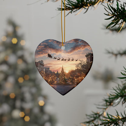 Christmas Street Scene Ceramic Ornament — Santa Sleigh 2-Sided Holiday Decoration