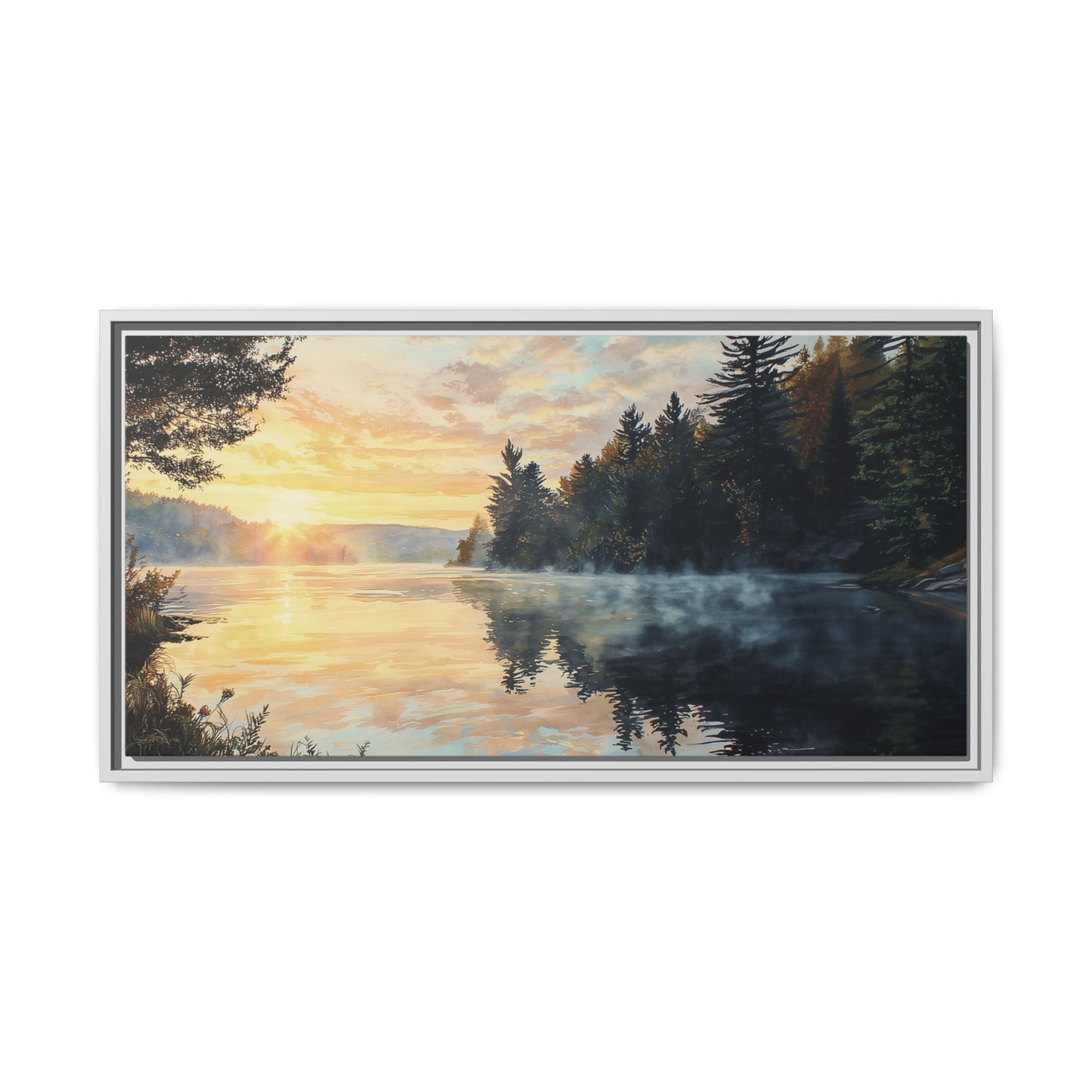 Sunrise Lake Framed Canvas Print — Forest Reflection Wall Art