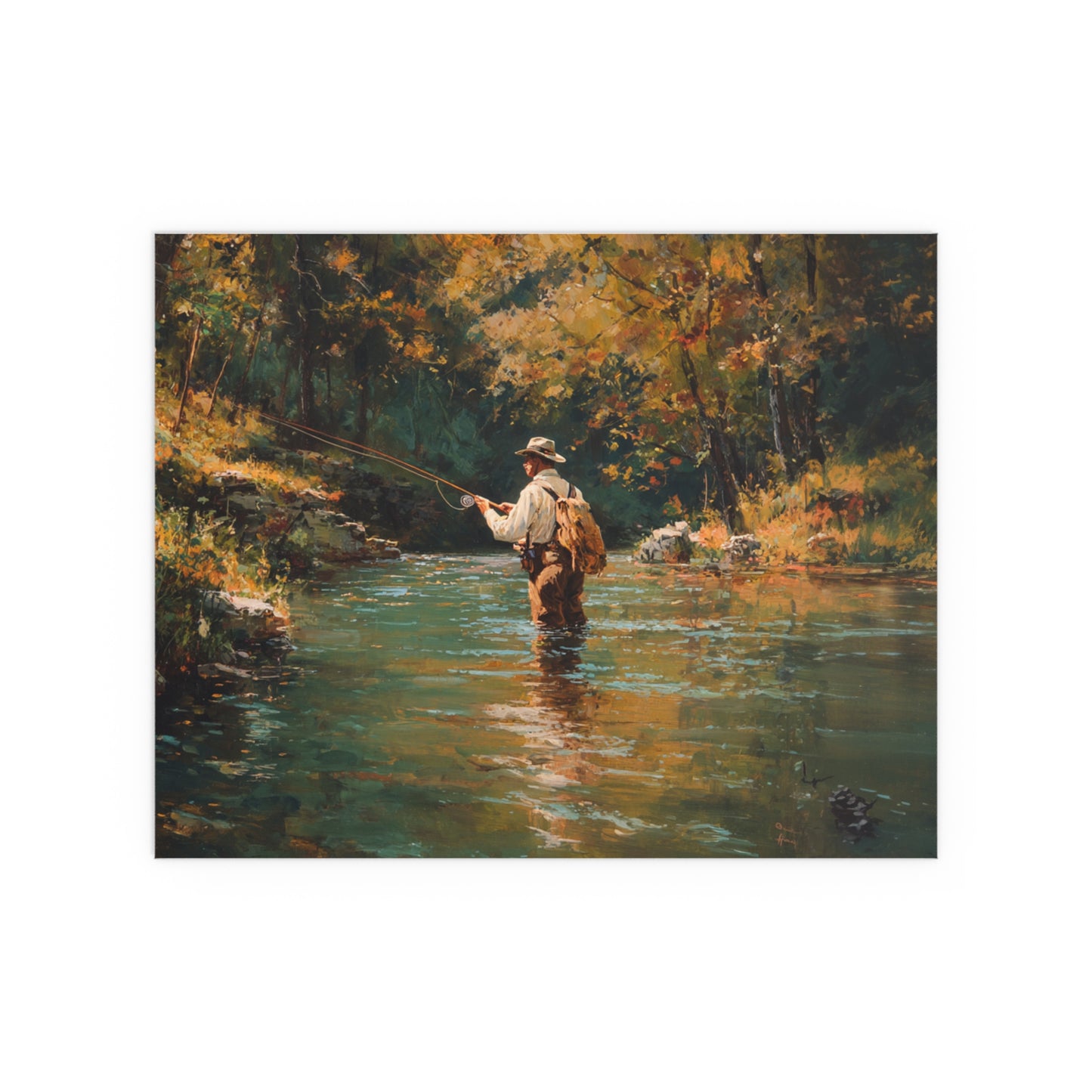 Vintage Fly Fisherman River Scene - Silk Paper Print