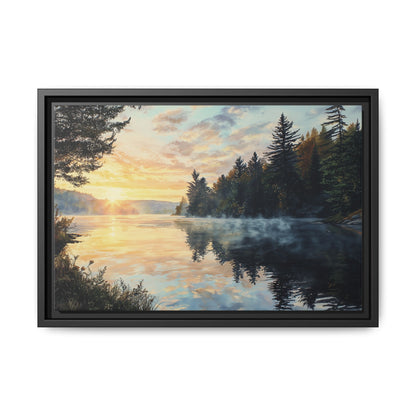 Sunrise Lake Framed Canvas Print — Forest Reflection Wall Art