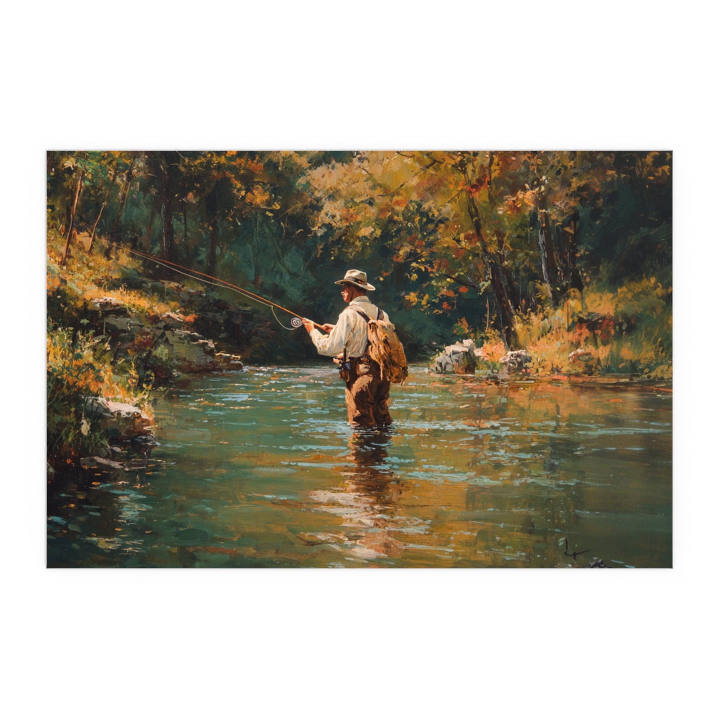 Vintage Fly Fisherman River Scene - Silk Paper Print